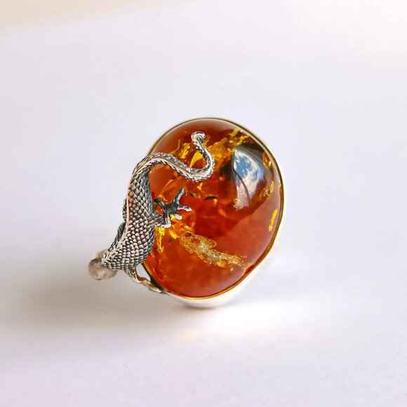 Baltic Amber Gecko Ring in 925 Sterling Silver - Handmade - Picture 8 of 9